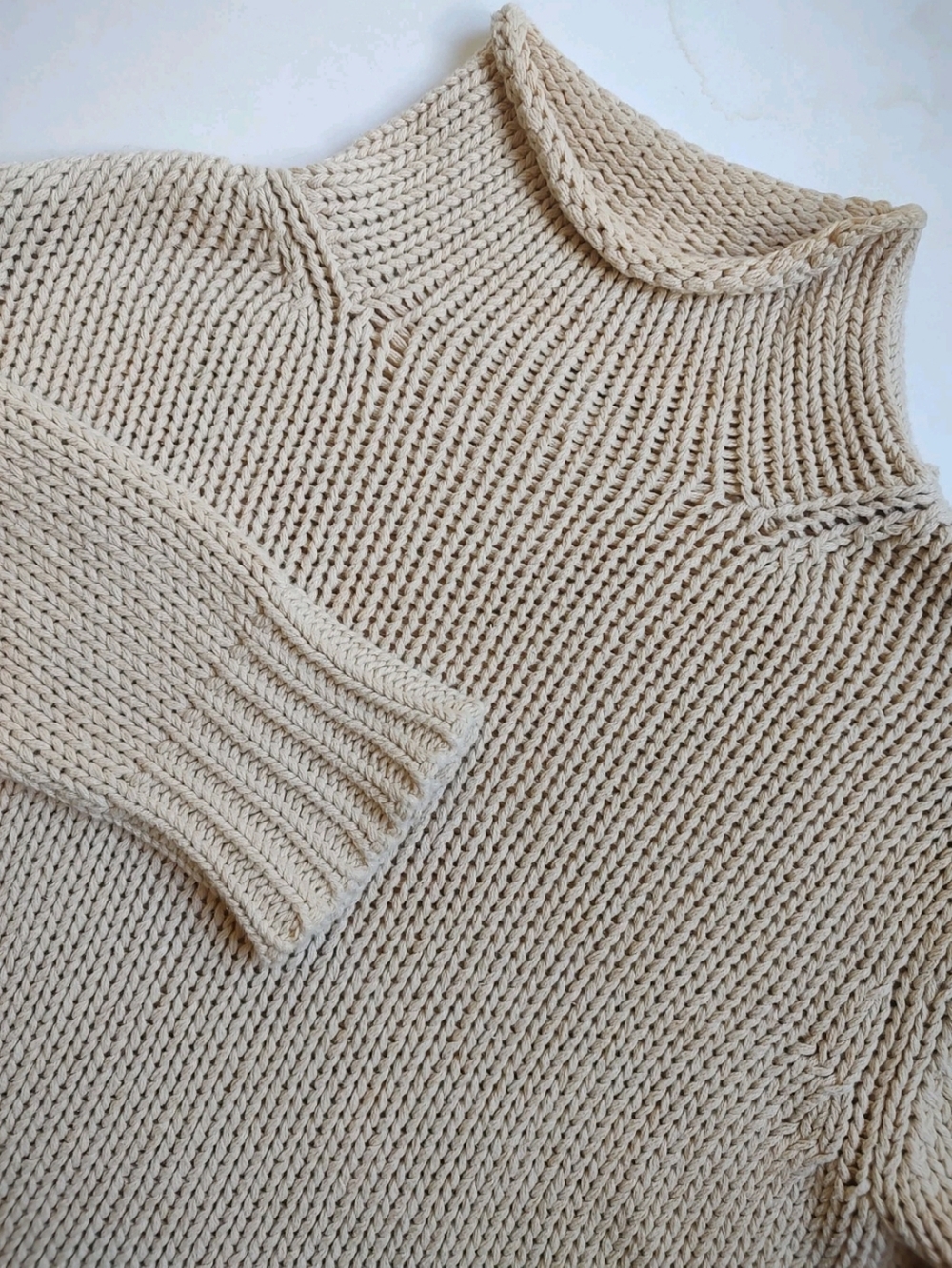 Crew Roll Mock Neck Chunky Fisherman Sweater Pullover Beige Nude Cream Knit M